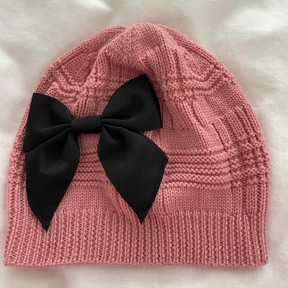 Kate Spade Pink Knit Beanie with Black Grosgrain Bow
